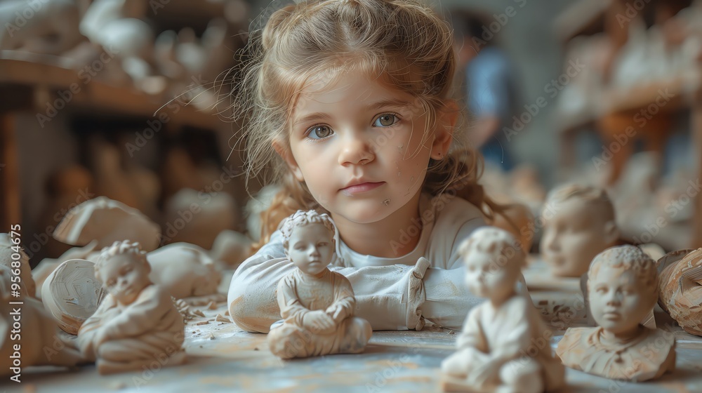 Young girl surrounded by ceramic sculptures in an art studio, showcasing her interest in art and creativity. Soft lighting creates a warm ambiance. Young girl surrounded by ceramic sculptures in an art studio, showcasing her interest in art and creativity. Soft lighting creates a warm ambiance.