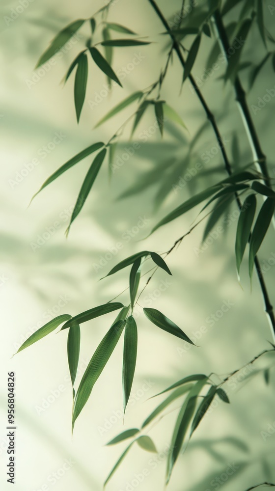 Fototapeta premium Tranquil bamboo shadows on a traditional wall.