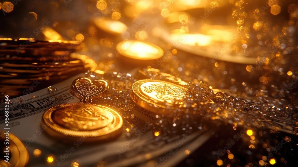 A mesmerizing close-up of shimmering coins and glitter, capturing the essence of wealth and prosperity in golden hues. A mesmerizing close-up of shimmering coins and glitter, capturing the essence of wealth and prosperity in golden hues.