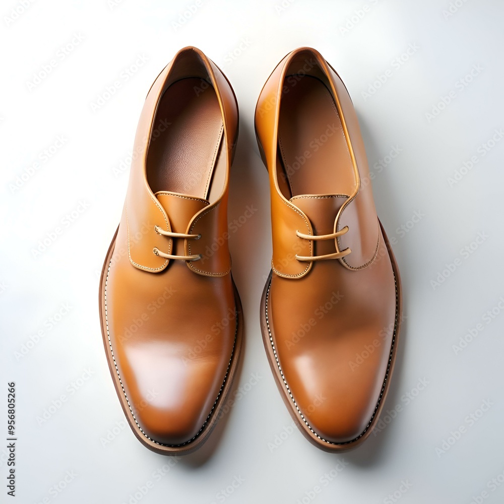A pair of stylish tan leather oxfords with a minimalist design. A pair of stylish tan leather oxfords with a minimalist design.