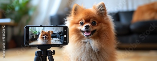 Petfluencer A cheerful dog poses for a smartphone camera, capturing a delightful moment. Perfect for pet lovers and social media enthusiasts. pet idol ,pet star photo