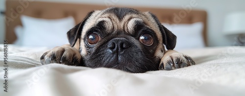 Petfluencer A cute pug resting on a cozy bed, showcasing its adorable face and expressive eyes, perfect for pet lovers and cozy moments. pet idol ,pet star photo