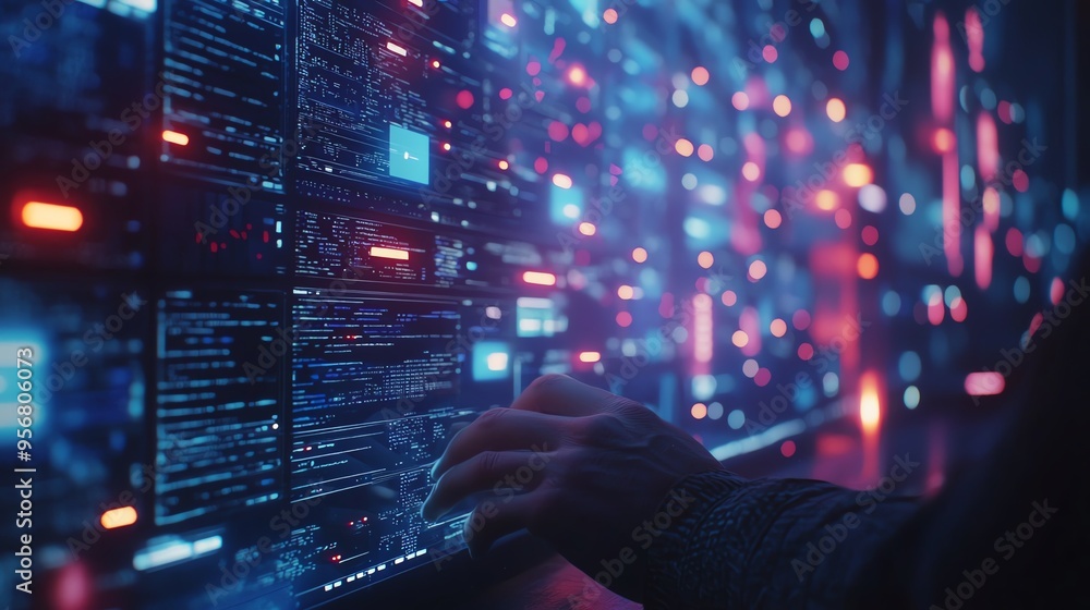 A close-up view of a hand interacting with a digital interface filled with vibrant data visuals and technology graphics. A close-up view of a hand interacting with a digital interface filled with vibrant data visuals and technology graphics.