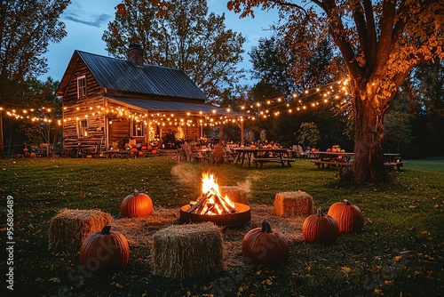 A cozy autumn scene with a fire pit, pumpkins, and string lights, perfect for gatherings and seasonal festivities outdoors.