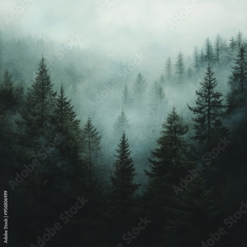 Misty forest with tall evergreen trees, a serene and mysterious atmosphere.