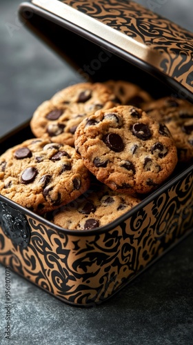 Chocolate chip cookies neatly arranged in an ornate tin box photo