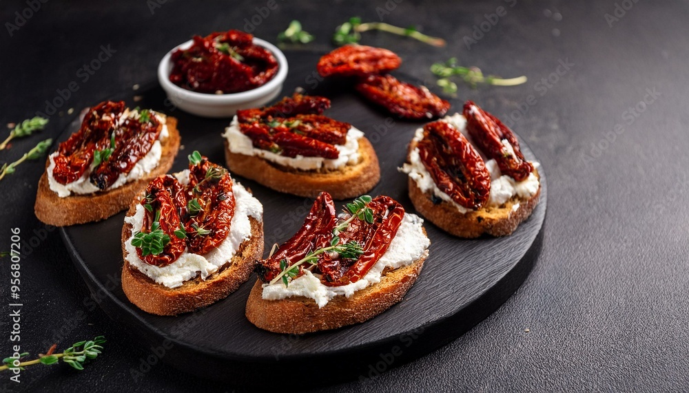 Toasts with sun-dried tomatoes and cream cheese on a black board, dark background. Toasts with sun-dried tomatoes and cream cheese on a black board, dark background.