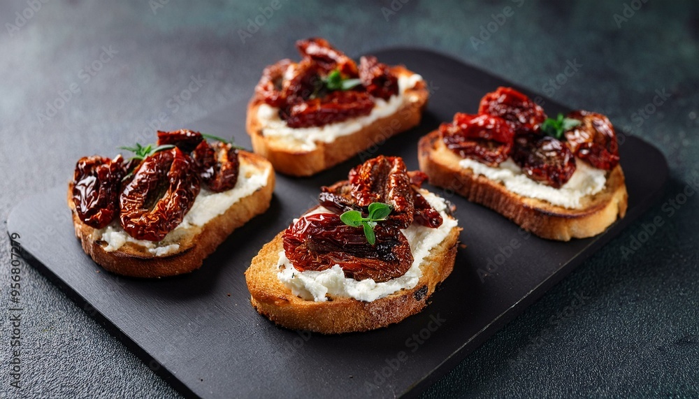 Toasts with sun-dried tomatoes and cream cheese on a black board, dark background. Toasts with sun-dried tomatoes and cream cheese on a black board, dark background.