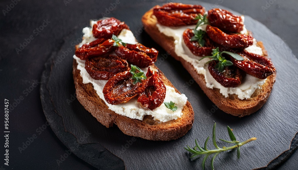 Toasts with sun-dried tomatoes and cream cheese on a black board, dark background. Toasts with sun-dried tomatoes and cream cheese on a black board, dark background.