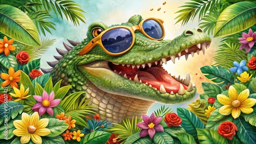 A colorful, whimsical illustration of a smiling crocodile wearing sunglasses, surrounded by tropical leaves and flowers, conveying a sense of fun and carefree adventure.