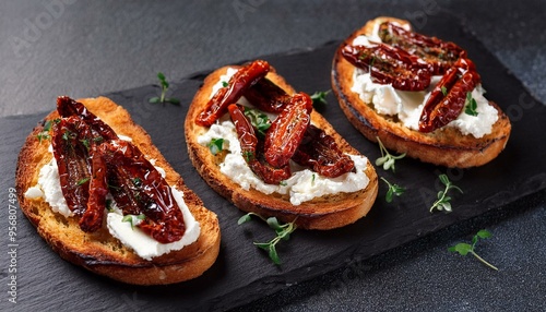 Toasts with sun-dried tomatoes and cream cheese on a black board, dark background.