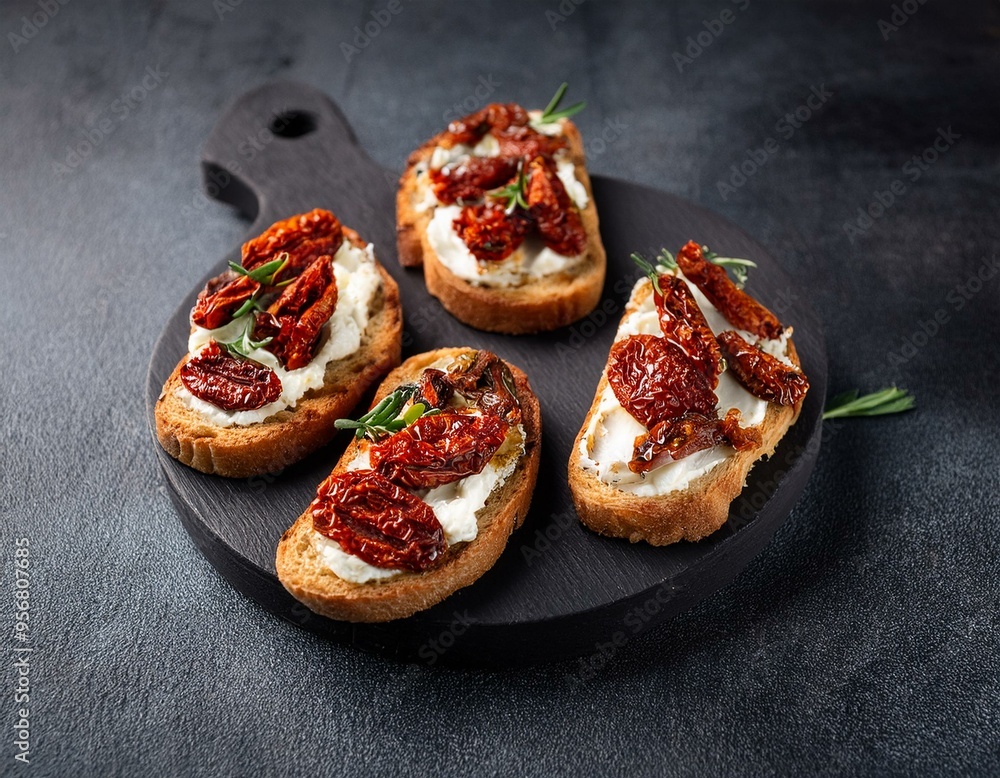 Toasts with sun-dried tomatoes and cream cheese on a black board, dark background. Toasts with sun-dried tomatoes and cream cheese on a black board, dark background.