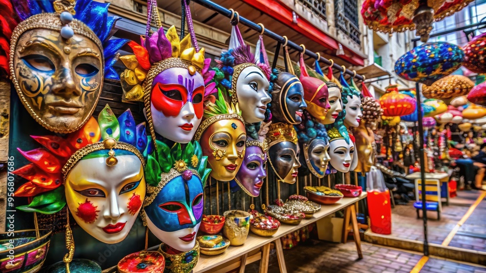 A colorful array of masks hangs on a store rack, surrounded by shopping bags and baskets, amidst a bustling retail environment with sale signs. A colorful array of masks hangs on a store rack, surrounded by shopping bags and baskets, amidst a bustling retail environment with sale signs.