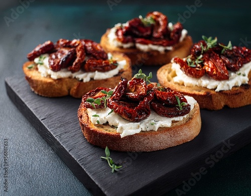 Toasts with sun-dried tomatoes and cream cheese on a black board, dark background.