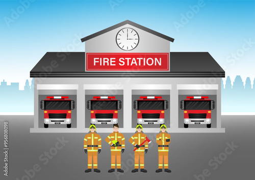 Fire Station with Fire Truck and Firefighter. Fire Department Building. Vector Illustration.  