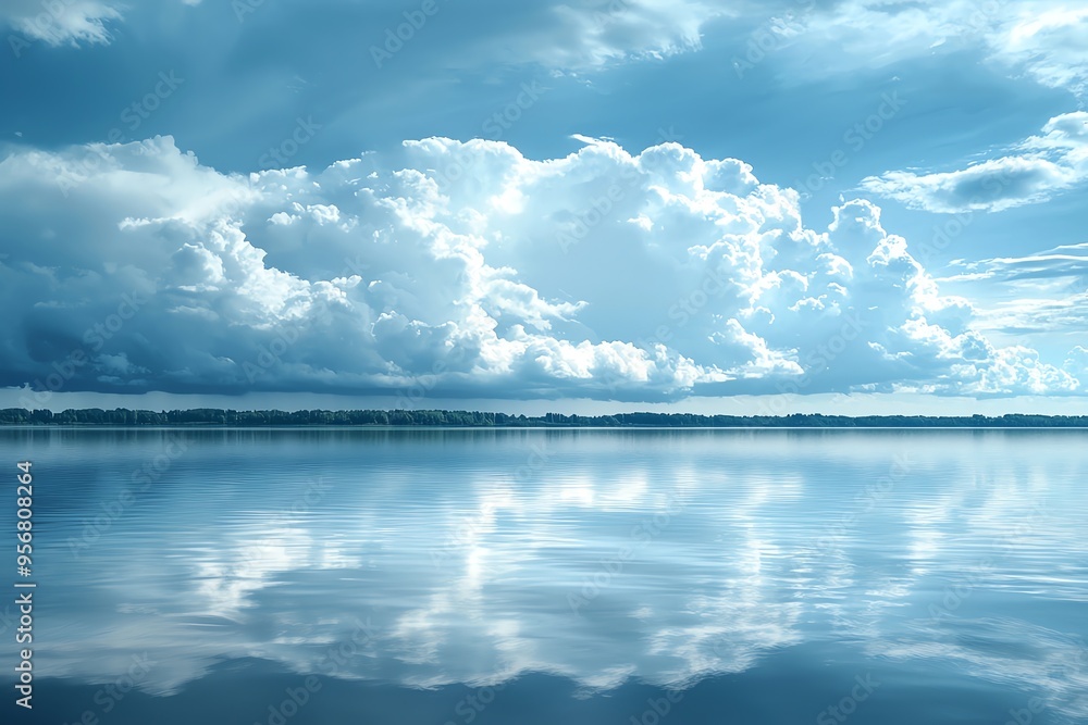 A tranquil lake scene reflecting fluffy clouds under a blue sky, capturing the essence of peaceful nature and serenity. A tranquil lake scene reflecting fluffy clouds under a blue sky, capturing the essence of peaceful nature and serenity.