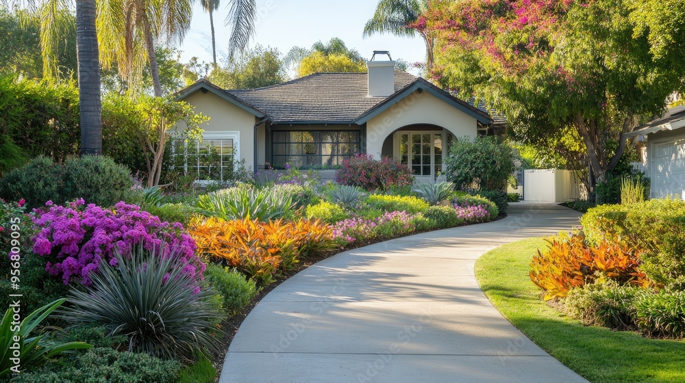 Charming house facade with a colorful garden and a neatly maintained concrete walkway, perfect for home exterior design inspiration. Charming house facade with a colorful garden and a neatly maintained concrete walkway, perfect for home exterior design inspiration.