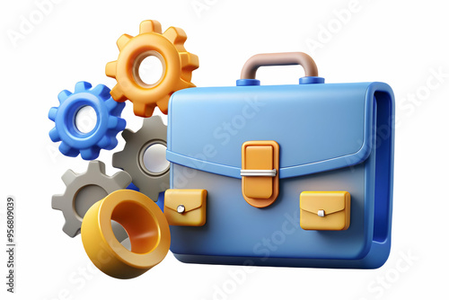 Floating briefcase and gears with Operational Marketing text concept as A dynamic vector illustration of a floating briefcase and gears with the text Operational Marketing. The design is isolated on a