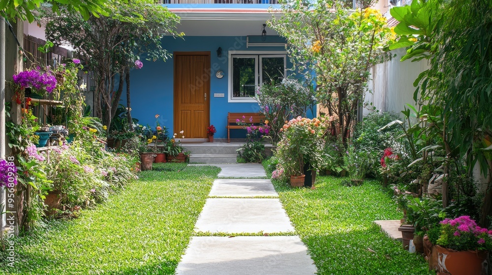 Charming house facade with a colorful garden and a neatly maintained concrete walkway, perfect for home exterior design inspiration. Charming house facade with a colorful garden and a neatly maintained concrete walkway, perfect for home exterior design inspiration.