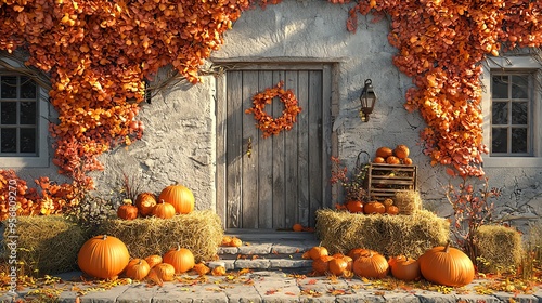 Charming autumn scene with pumpkins, hay bales, and vibrant orange leaves surrounding a rustic house entrance.