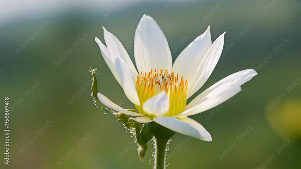 white flower in full bloom with yellow stamens, set against a blurred green natural background white flower in full bloom with yellow stamens, set against a blurred green natural background