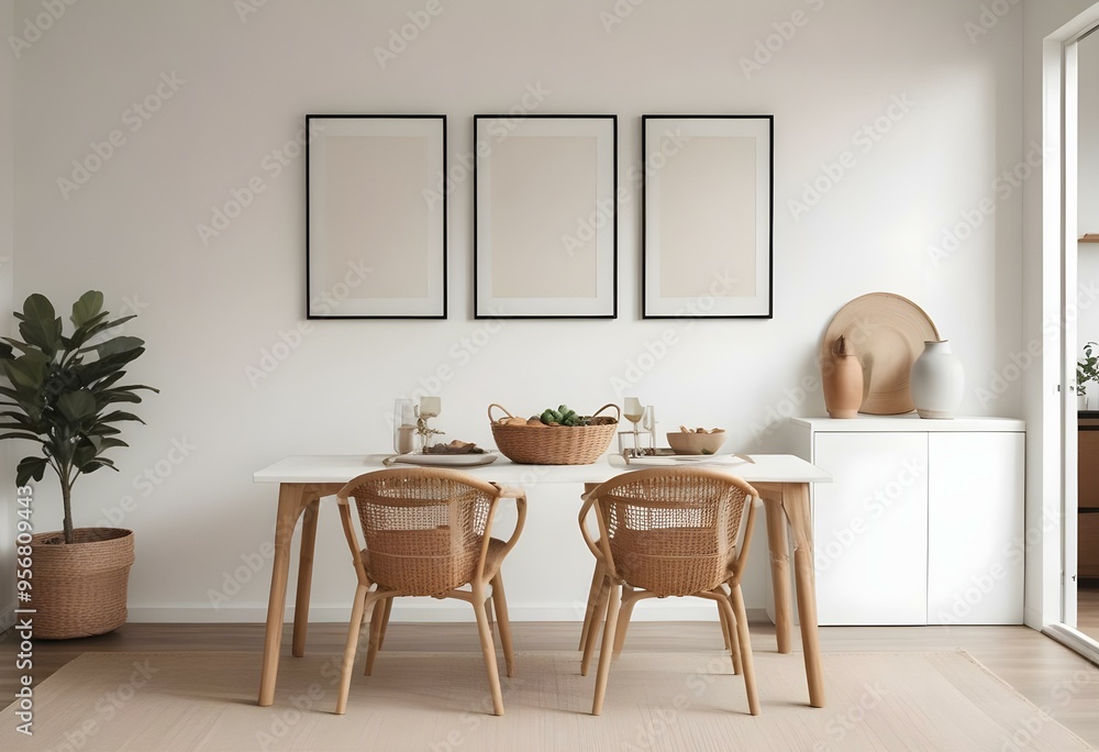 A minimalist dining room with a wooden table, two wicker chairs, and three empty frames on the wall. A minimalist dining room with a wooden table, two wicker chairs, and three empty frames on the wall.