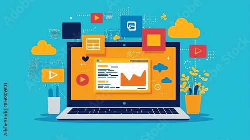 Colorful digital workspace with laptop, graphs, and cloud icons representing data analysis and online business.