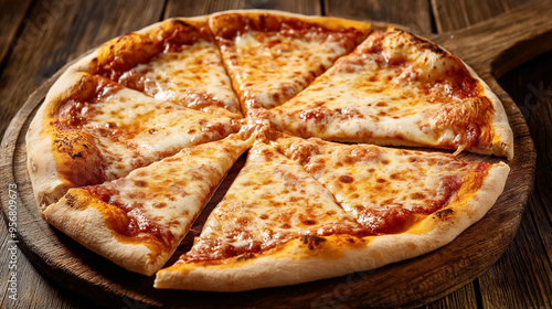 A freshly baked cheese pizza cut into six slices on a wooden cutting board, photographed on a wooden table background.