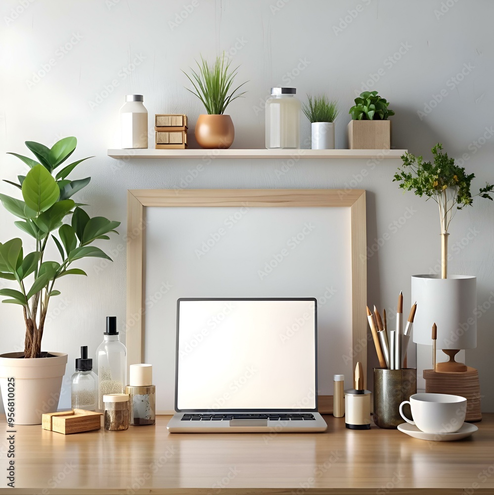 Obraz premium A modern and minimal home office setup with a laptop. plants. and a stylish lamp.