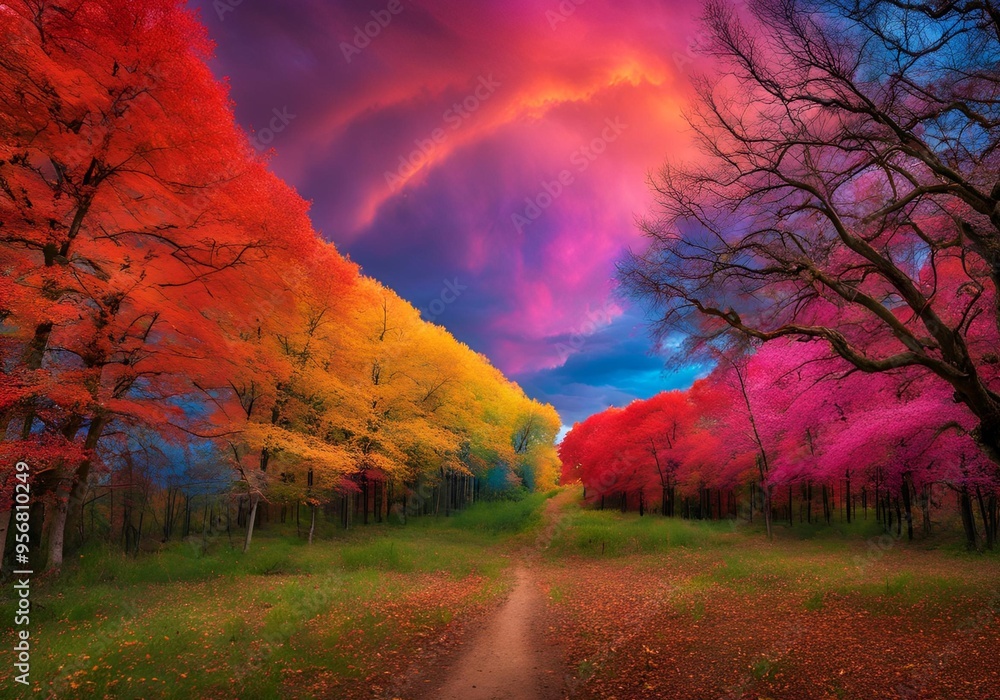 Fototapeta premium autumn landscape with rainbow