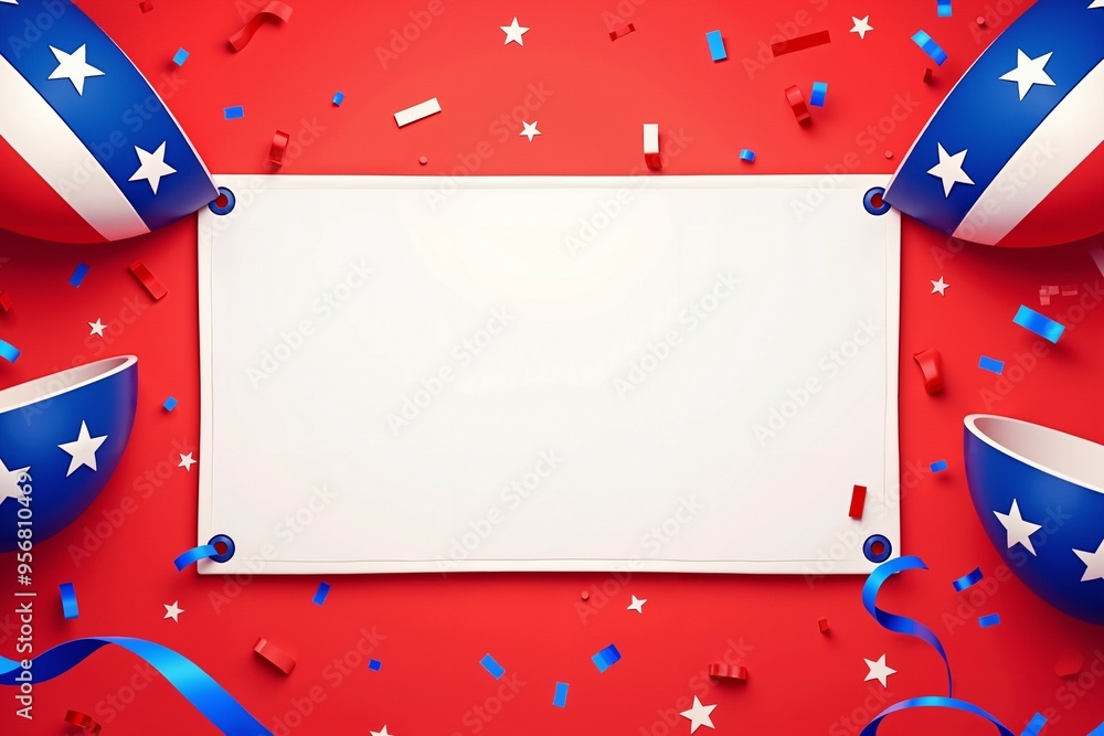 Obraz premium Patriotic Background with Blank White Sign and American Flag Decorations