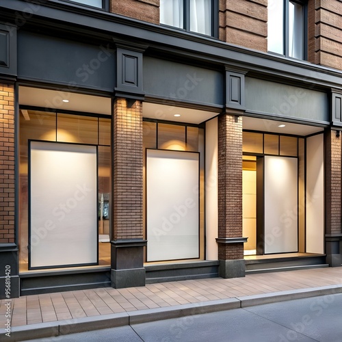 Blank storefront with three large windows and a brick facade. perfect for showcasing your business or product.
