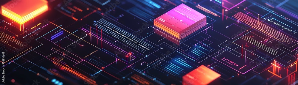 Futuristic digital circuit board with glowing elements, representing advanced technology and innovation in digital design. Futuristic digital circuit board with glowing elements, representing advanced technology and innovation in digital design.