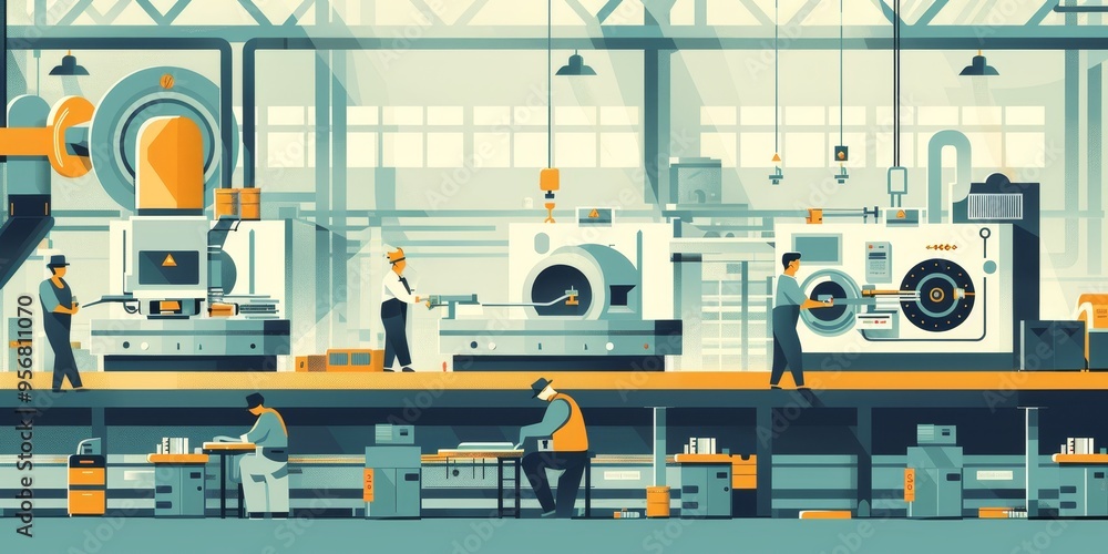 Industrial manufacturing process with workers operating machinery, illustrating labor and industry Industrial manufacturing process with workers operating machinery, illustrating labor and industry