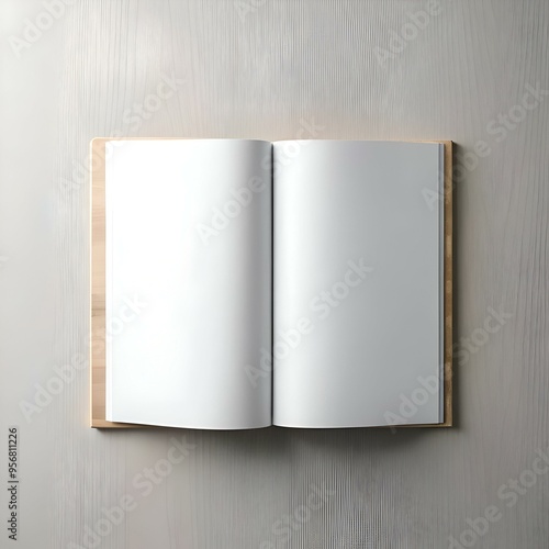 Open book with blank pages. laying flat on a wooden surface.