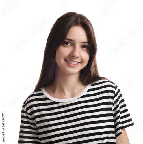 Portrait of beautiful teenage girl on white background