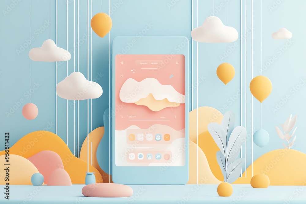 Whimsical smartphone design with pastel elements, clouds, and balloons, perfect for modern digital art and tech themes. Whimsical smartphone design with pastel elements, clouds, and balloons, perfect for modern digital art and tech themes.