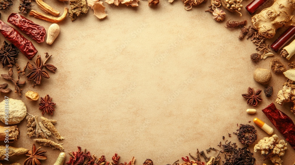 Circle of traditional Chinese medicines on a soft light brown background. Herbs that support health enhancement, with an open center perfect for adding captions or logos. - Circle of traditional Chinese medicines on a soft light brown background. Herbs that support health enhancement, with an open center perfect for adding captions or logos. -