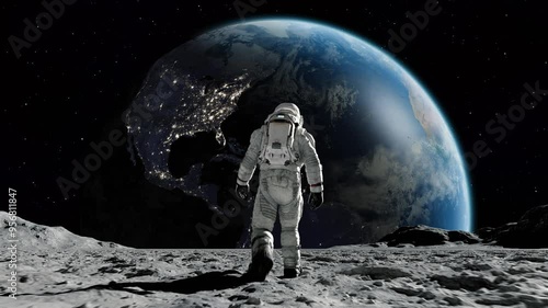 Astronaut in Spacesuit on Planet in Space on Earth Background. Spaceman Exploring Surface Moon in Expedition. 3d Animation Walking Man Cosmos Loop Footage. Unrecognizable Cosmonaut Futuristic Journey