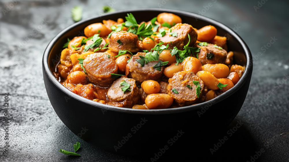 A bowl of stew featuring sausage slices, white beans, and garnished with fresh parsley. The stew appears hearty and rich, with a thick savory sauce. A bowl of stew featuring sausage slices, white beans, and garnished with fresh parsley. The stew appears hearty and rich, with a thick savory sauce.
