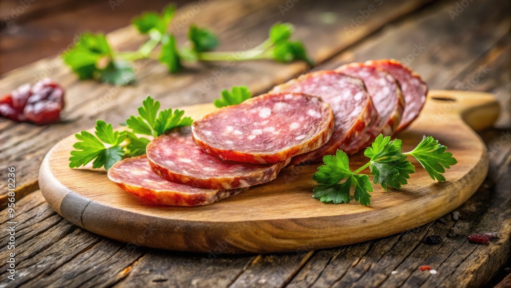 A delicate, thin slice of cured salami, garnished with fresh parsley, sits atop a rustic wooden cutting board with subtle morning light illumination. A delicate, thin slice of cured salami, garnished with fresh parsley, sits atop a rustic wooden cutting board with subtle morning light illumination.