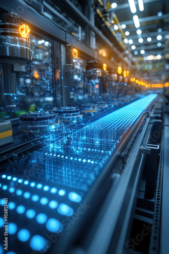 Lean Manufacturing, A 3D visualization of a lean manufacturing process featuring efficiency indicators to enhance productivity and optimize workflows