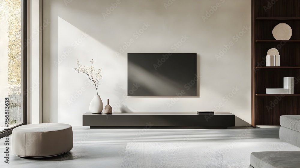Fototapeta premium Elegant and Minimalist Living Room Design with Sleek TV Stand Modern Shelving and Neutral Wall Art for a Cozy and Relaxing Home Environment