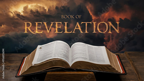 book of revelation open with text saying revelation above it, cloudy fiery sky, christianity, new testament