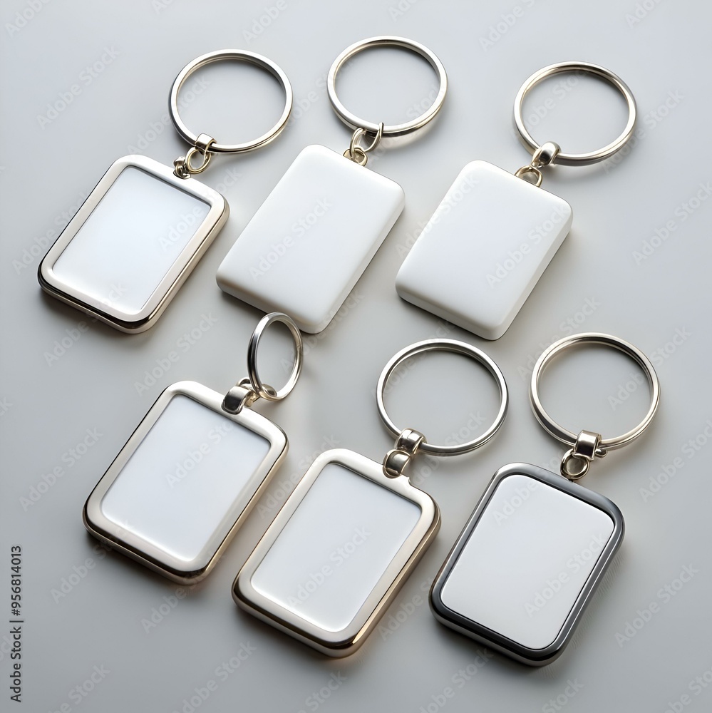 Six blank keychains. perfect for branding or personalized gifts!  High quality. professional mockup for your designs.