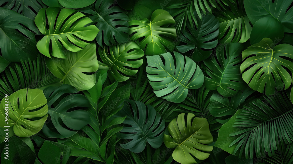 Abstract background featuring an array of lush green tropical leaves, including monstera and other exotic foliage, arranged in a dense pattern. Abstract background featuring an array of lush green tropical leaves, including monstera and other exotic foliage, arranged in a dense pattern.