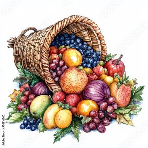 A colorful assortment of fresh fruits spilling from a basket, showcasing a vibrant harvest with rich textures and hues.