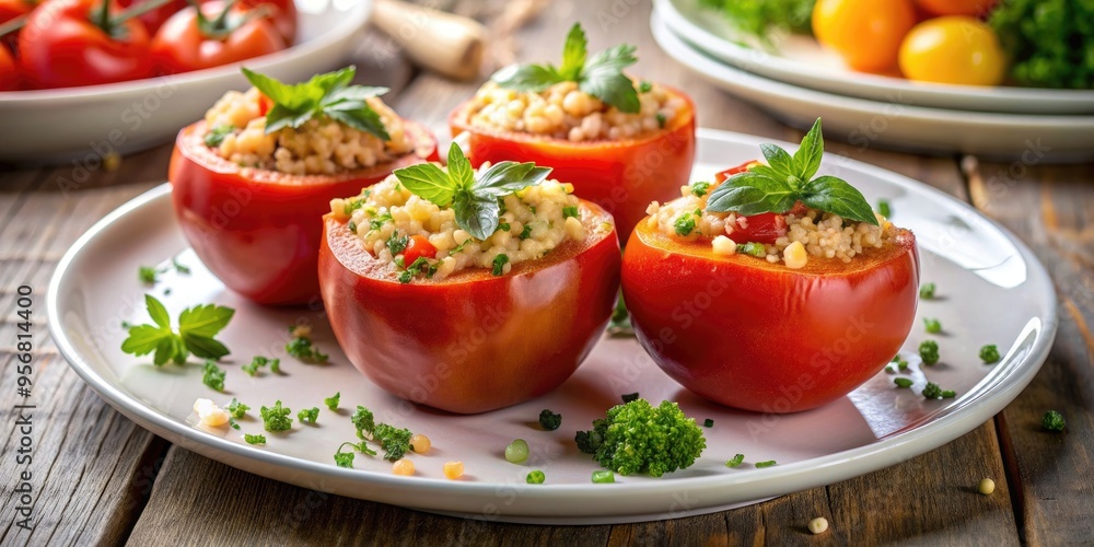 Healthy and mouthwatering stuffed tomatoes filled with a flavorful mixture of quinoa, vegetables, and herbs , tomatoes Healthy and mouthwatering stuffed tomatoes filled with a flavorful mixture of quinoa, vegetables, and herbs , tomatoes