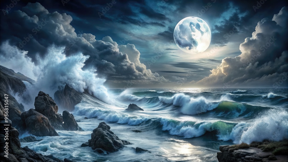 Naklejka premium A dramatic, moonlit illustration of a turbulent sea, with towering waves and foam crashing against a rocky coastline, amidst a dark and foreboding stormy sky.