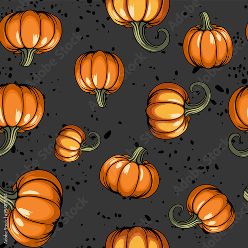 Pumpkin seamless background, vector illustration with bright painted pumpkins in cartoon style on a dark backdrop photo